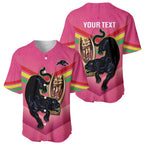 Personalised Panthers Rugby 2024 Baseball Jersey Mascot With Trophy Go Champions Aboriginal Art - Pink