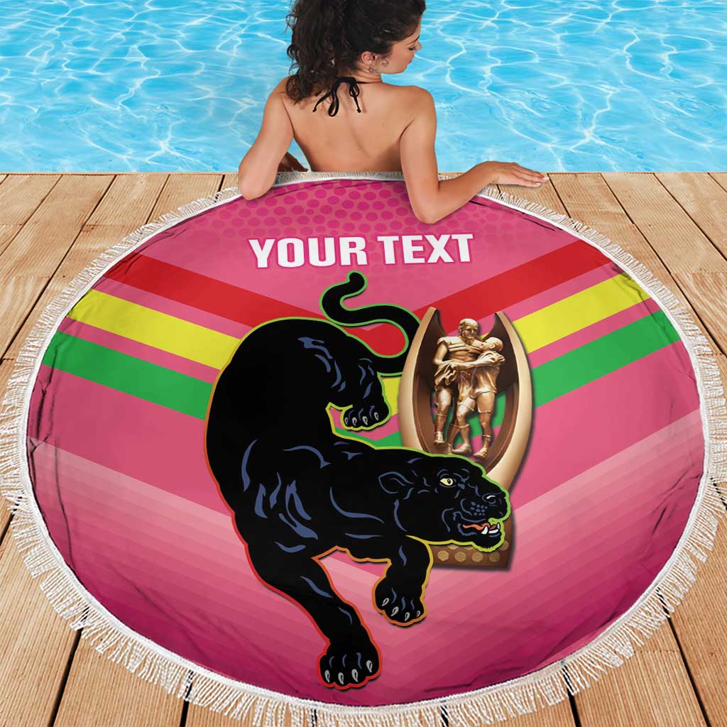 Personalised Panthers Rugby 2024 Beach Blanket Mascot With Trophy Go Champions Aboriginal Art - Pink