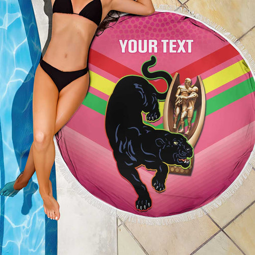 Personalised Panthers Rugby 2024 Beach Blanket Mascot With Trophy Go Champions Aboriginal Art - Pink