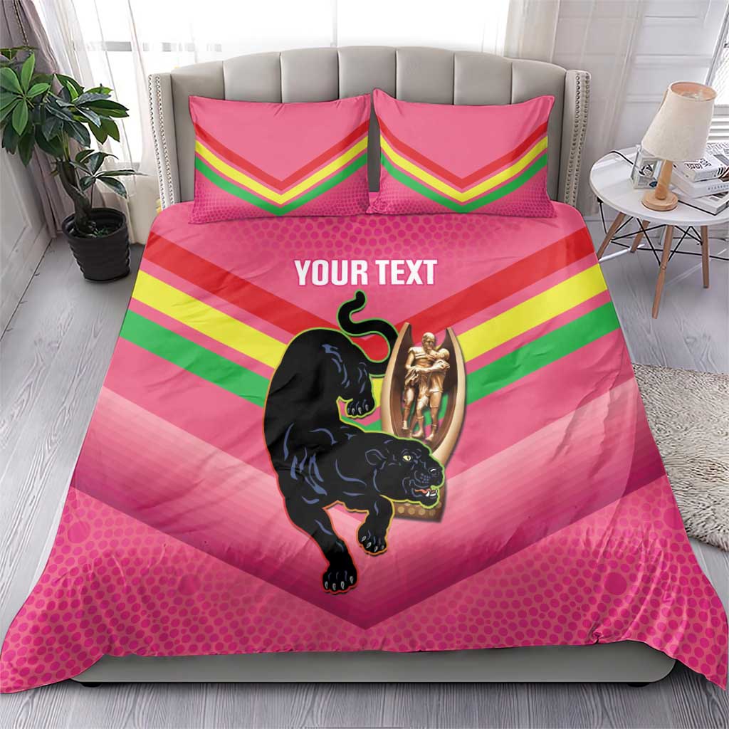 Personalised Panthers Rugby 2024 Bedding Set Mascot With Trophy Go Champions Aboriginal Art - Pink