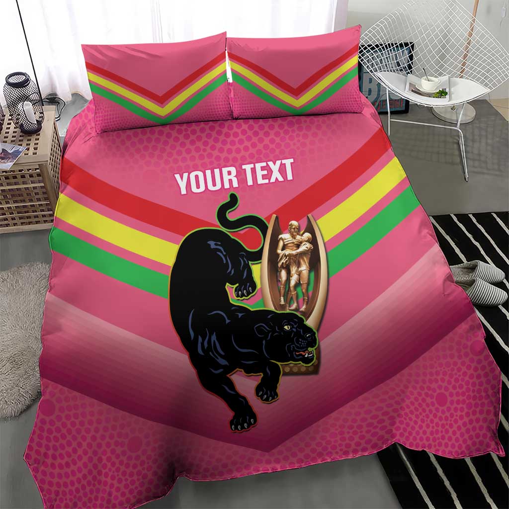 Personalised Panthers Rugby 2024 Bedding Set Mascot With Trophy Go Champions Aboriginal Art - Pink