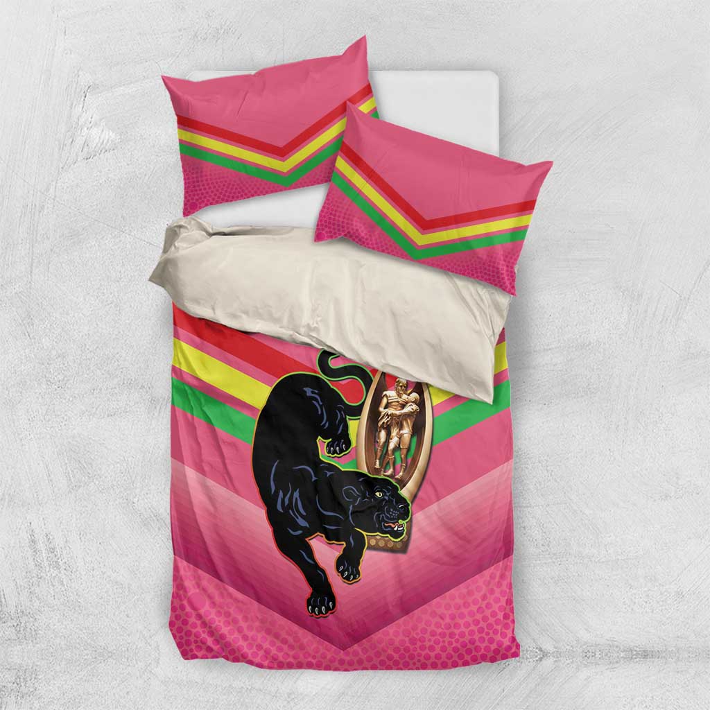 Personalised Panthers Rugby 2024 Bedding Set Mascot With Trophy Go Champions Aboriginal Art - Pink