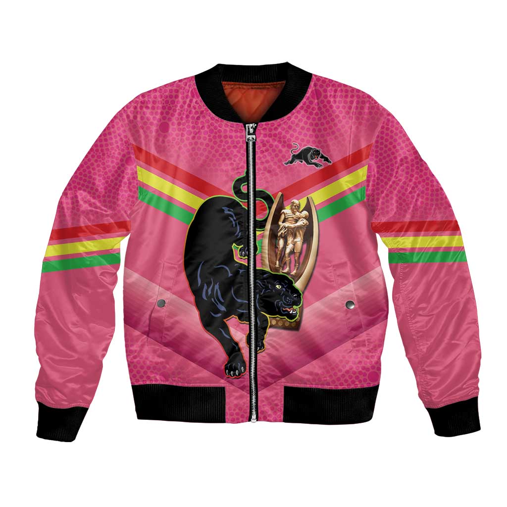 Personalised Panthers Rugby 2024 Bomber Jacket Mascot With Trophy Go Champions Aboriginal Art - Pink