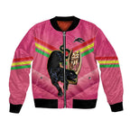 Personalised Panthers Rugby 2024 Bomber Jacket Mascot With Trophy Go Champions Aboriginal Art - Pink