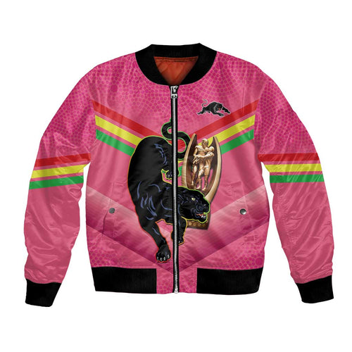 Personalised Panthers Rugby 2024 Bomber Jacket Mascot With Trophy Go Champions Aboriginal Art - Pink