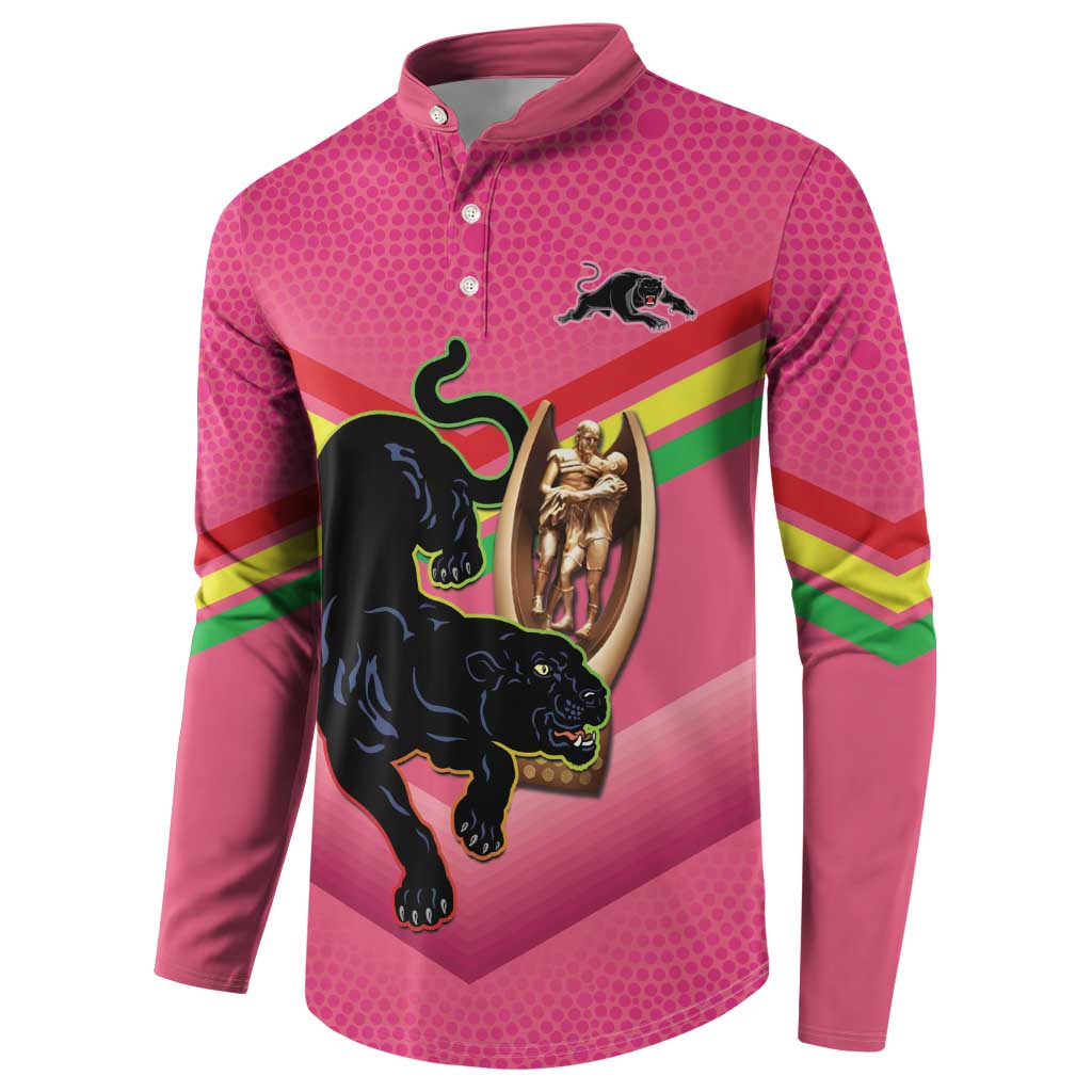 Personalised Panthers Rugby 2024 Button Sweatshirt Mascot With Trophy Go Champions Aboriginal Art - Pink