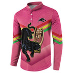 Personalised Panthers Rugby 2024 Button Sweatshirt Mascot With Trophy Go Champions Aboriginal Art - Pink