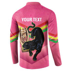 Personalised Panthers Rugby 2024 Button Sweatshirt Mascot With Trophy Go Champions Aboriginal Art - Pink