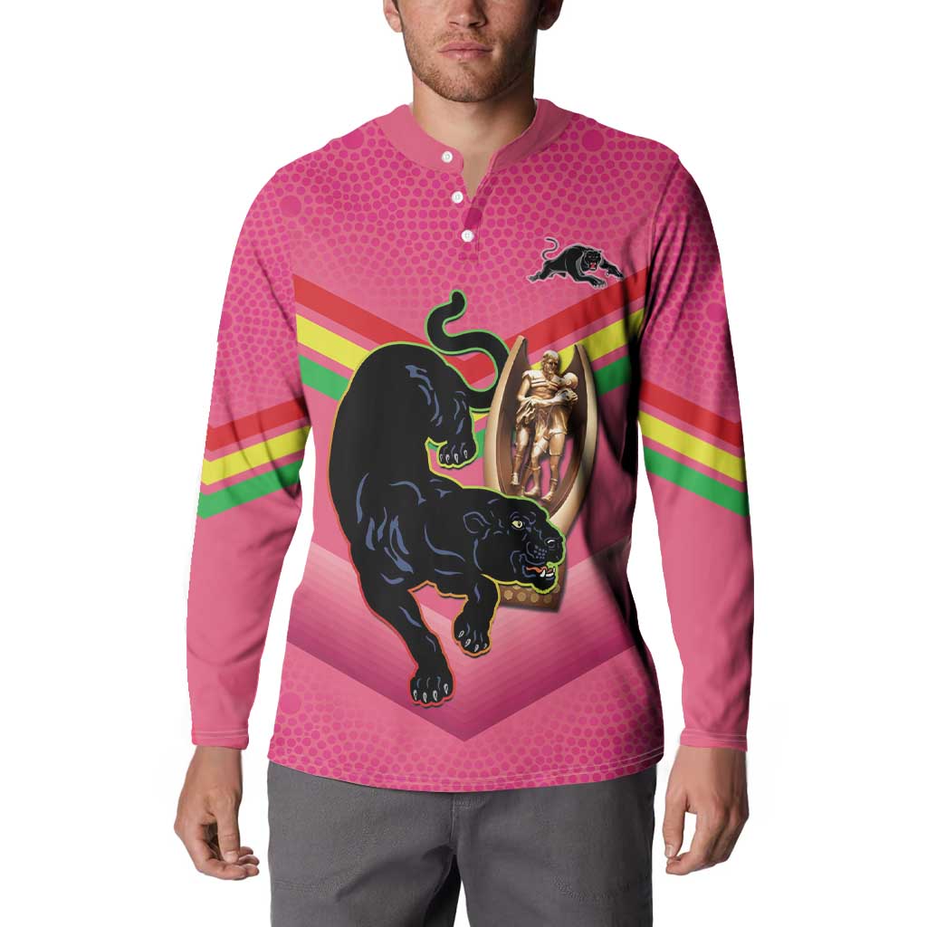 Personalised Panthers Rugby 2024 Button Sweatshirt Mascot With Trophy Go Champions Aboriginal Art - Pink