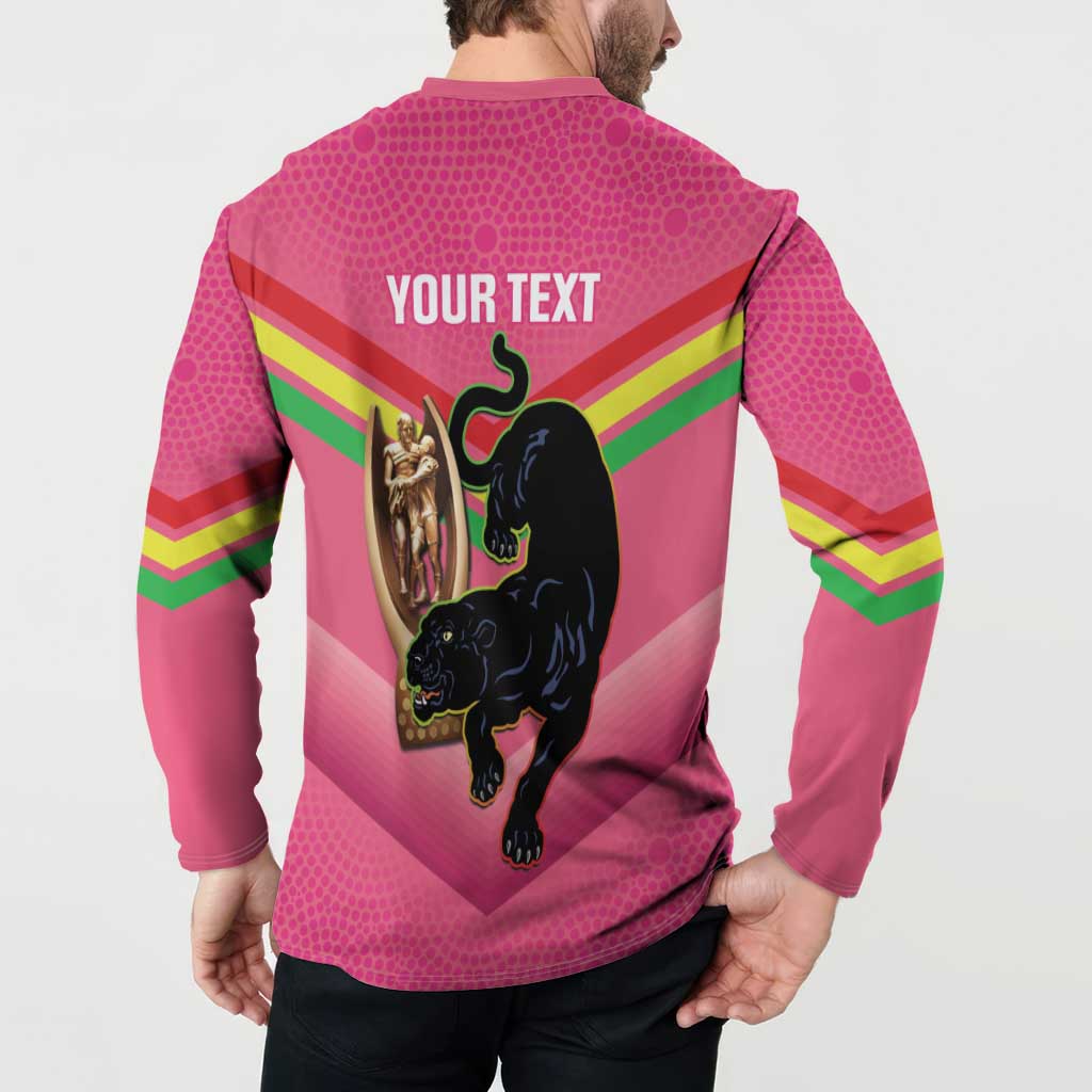 Personalised Panthers Rugby 2024 Button Sweatshirt Mascot With Trophy Go Champions Aboriginal Art - Pink