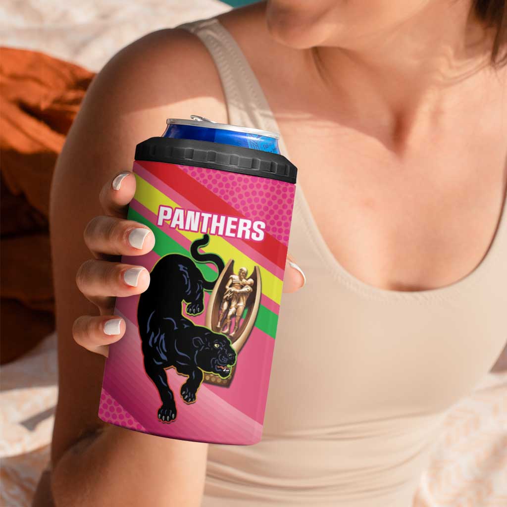 Personalised Panthers Rugby 2024 4 in 1 Can Cooler Tumbler Mascot With Trophy Go Champions Aboriginal Art - Pink
