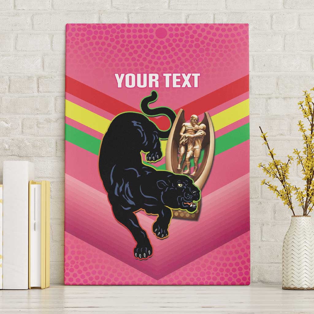 Personalised Panthers Rugby 2024 Canvas Wall Art Mascot With Trophy Go Champions Aboriginal Art - Pink