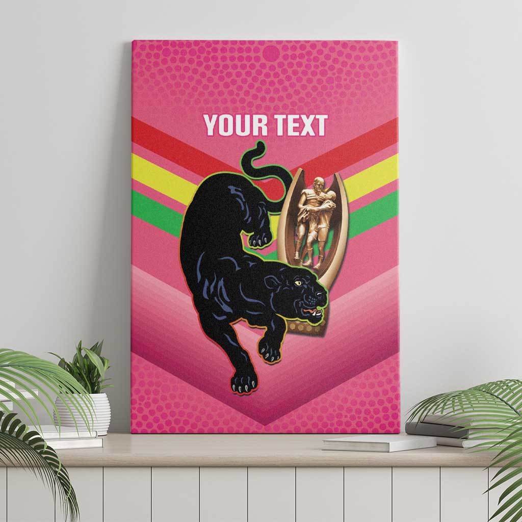 Personalised Panthers Rugby 2024 Canvas Wall Art Mascot With Trophy Go Champions Aboriginal Art - Pink