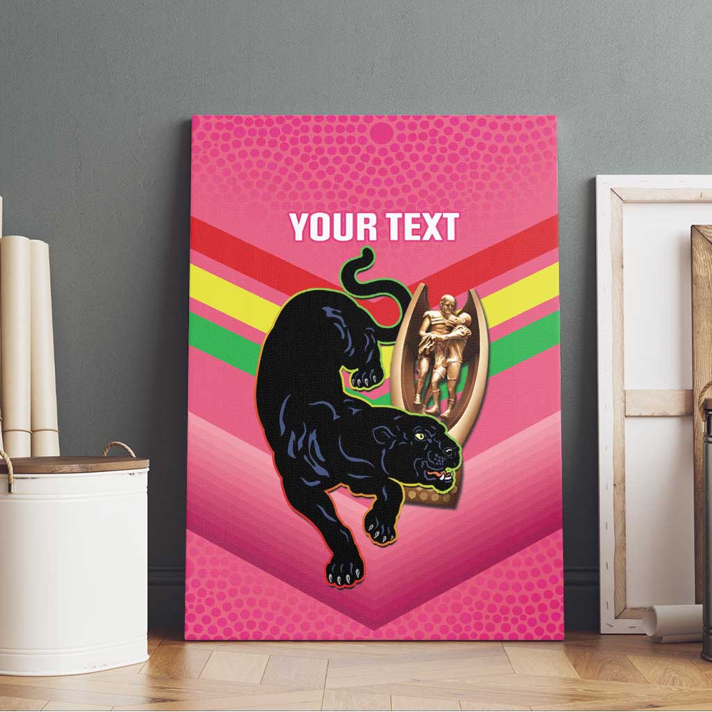 Personalised Panthers Rugby 2024 Canvas Wall Art Mascot With Trophy Go Champions Aboriginal Art - Pink