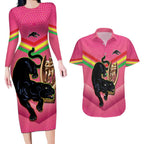 Personalised Panthers Rugby 2024 Couples Matching Long Sleeve Bodycon Dress and Hawaiian Shirt Mascot With Trophy Go Champions Aboriginal Art - Pink