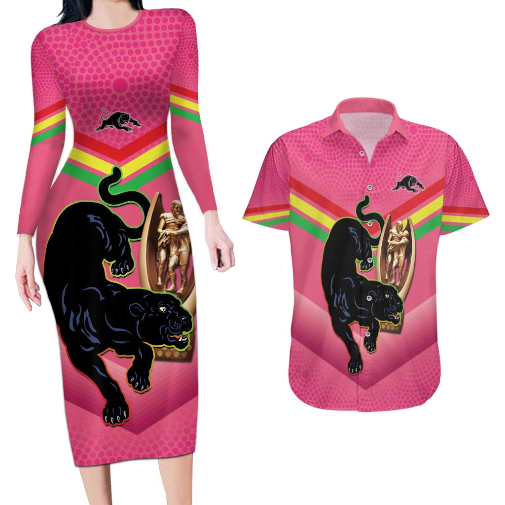 Personalised Panthers Rugby 2024 Couples Matching Long Sleeve Bodycon Dress and Hawaiian Shirt Mascot With Trophy Go Champions Aboriginal Art - Pink