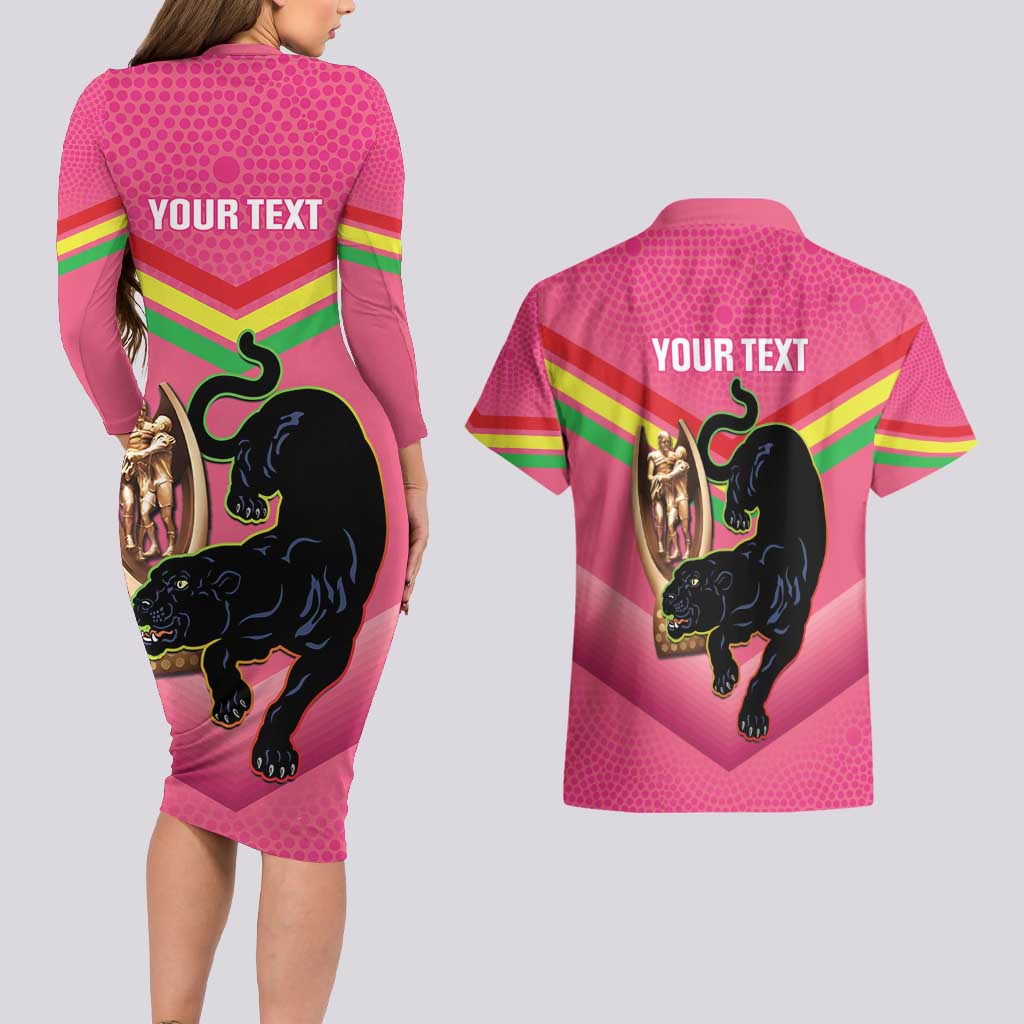 Personalised Panthers Rugby 2024 Couples Matching Long Sleeve Bodycon Dress and Hawaiian Shirt Mascot With Trophy Go Champions Aboriginal Art - Pink