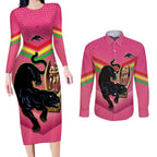 Personalised Panthers Rugby 2024 Couples Matching Long Sleeve Bodycon Dress and Long Sleeve Button Shirt Mascot With Trophy Go Champions Aboriginal Art - Pink