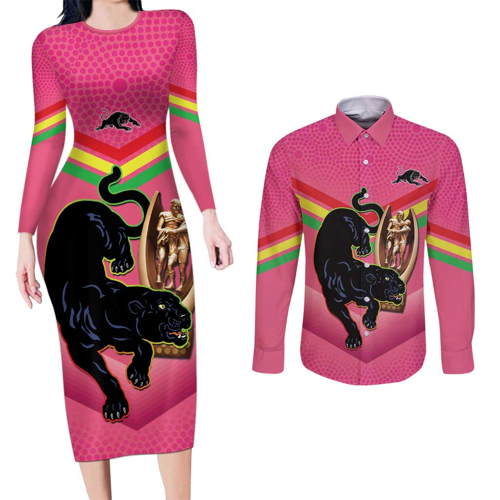 Personalised Panthers Rugby 2024 Couples Matching Long Sleeve Bodycon Dress and Long Sleeve Button Shirt Mascot With Trophy Go Champions Aboriginal Art - Pink