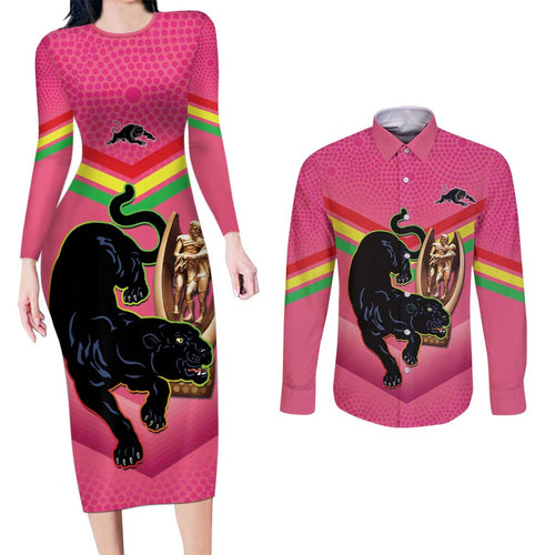Personalised Panthers Rugby 2024 Couples Matching Long Sleeve Bodycon Dress and Long Sleeve Button Shirt Mascot With Trophy Go Champions Aboriginal Art - Pink