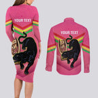 Personalised Panthers Rugby 2024 Couples Matching Long Sleeve Bodycon Dress and Long Sleeve Button Shirt Mascot With Trophy Go Champions Aboriginal Art - Pink