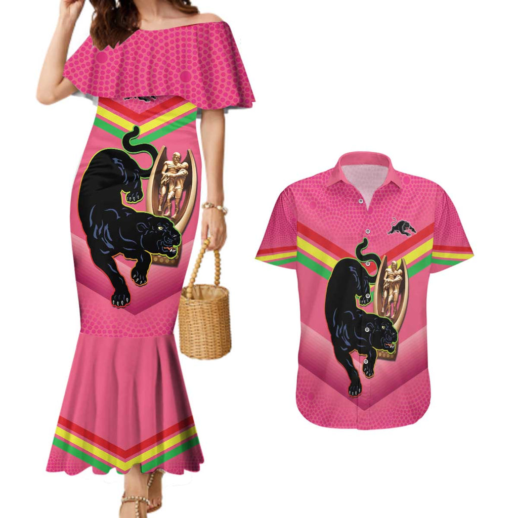 Personalised Panthers Rugby 2024 Couples Matching Mermaid Dress and Hawaiian Shirt Mascot With Trophy Go Champions Aboriginal Art - Pink