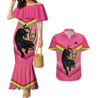 Personalised Panthers Rugby 2024 Couples Matching Mermaid Dress and Hawaiian Shirt Mascot With Trophy Go Champions Aboriginal Art - Pink