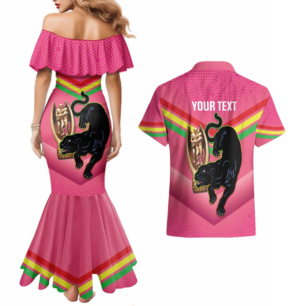 Personalised Panthers Rugby 2024 Couples Matching Mermaid Dress and Hawaiian Shirt Mascot With Trophy Go Champions Aboriginal Art - Pink