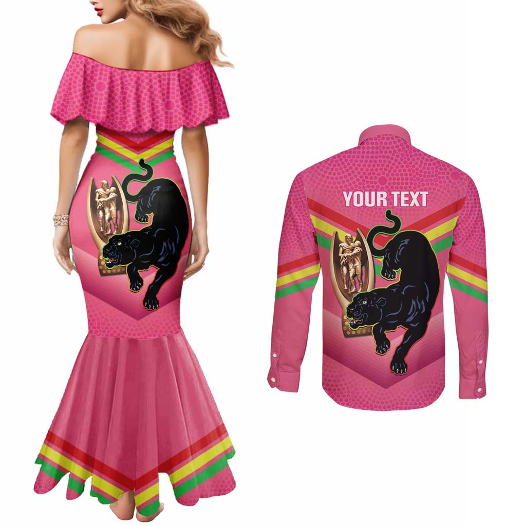 Personalised Panthers Rugby 2024 Couples Matching Mermaid Dress and Long Sleeve Button Shirt Mascot With Trophy Go Champions Aboriginal Art - Pink