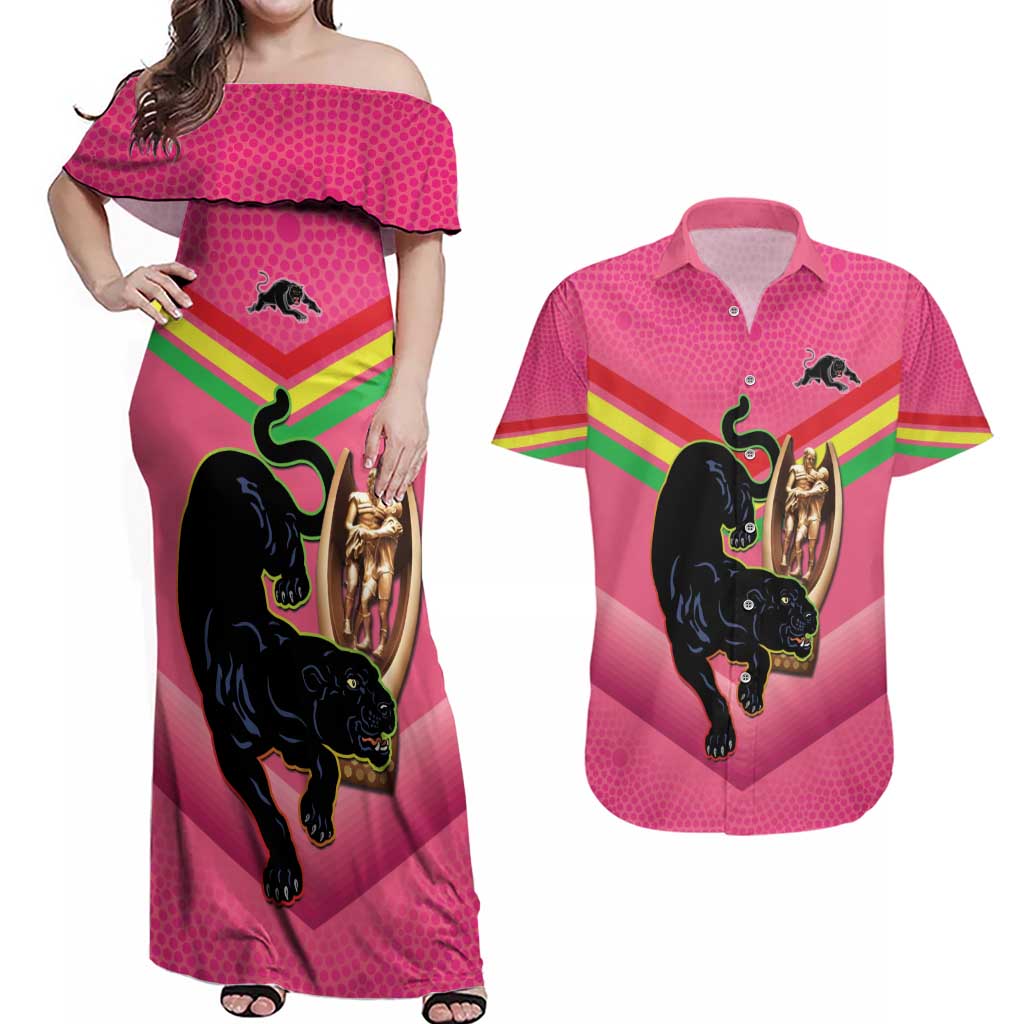 Personalised Panthers Rugby 2024 Couples Matching Off Shoulder Maxi Dress and Hawaiian Shirt Mascot With Trophy Go Champions Aboriginal Art - Pink