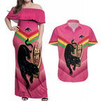 Personalised Panthers Rugby 2024 Couples Matching Off Shoulder Maxi Dress and Hawaiian Shirt Mascot With Trophy Go Champions Aboriginal Art - Pink