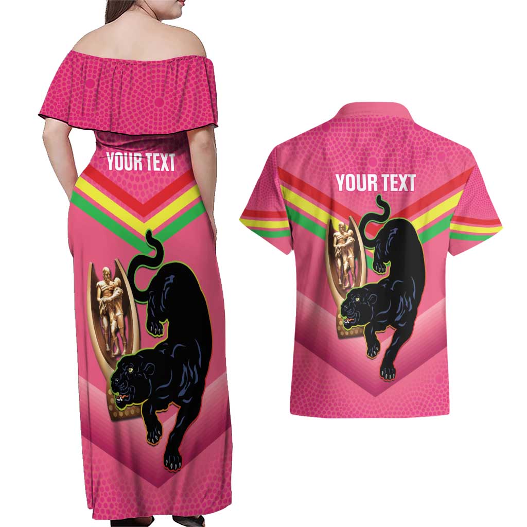 Personalised Panthers Rugby 2024 Couples Matching Off Shoulder Maxi Dress and Hawaiian Shirt Mascot With Trophy Go Champions Aboriginal Art - Pink
