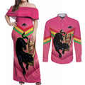 Personalised Panthers Rugby 2024 Couples Matching Off Shoulder Maxi Dress and Long Sleeve Button Shirt Mascot With Trophy Go Champions Aboriginal Art - Pink