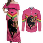 Personalised Panthers Rugby 2024 Couples Matching Off Shoulder Maxi Dress and Long Sleeve Button Shirt Mascot With Trophy Go Champions Aboriginal Art - Pink