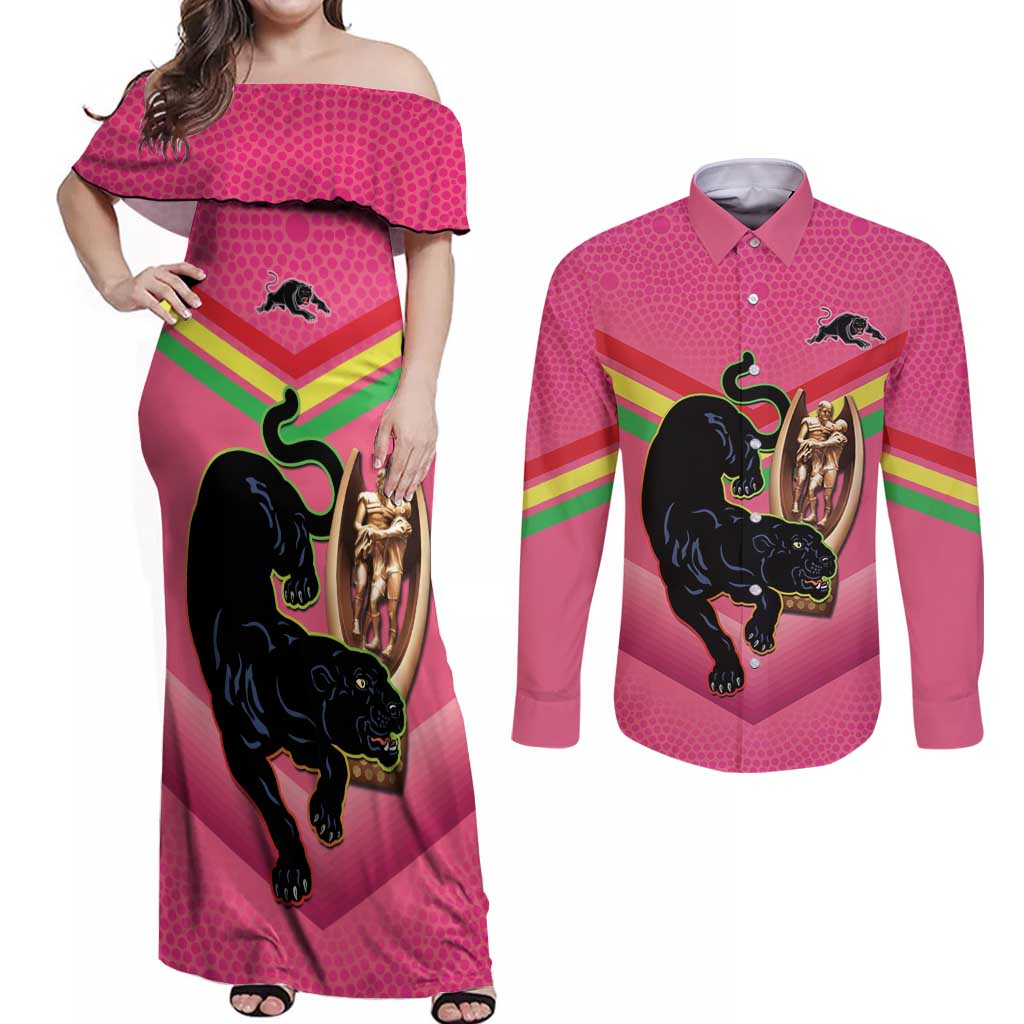Personalised Panthers Rugby 2024 Couples Matching Off Shoulder Maxi Dress and Long Sleeve Button Shirt Mascot With Trophy Go Champions Aboriginal Art - Pink