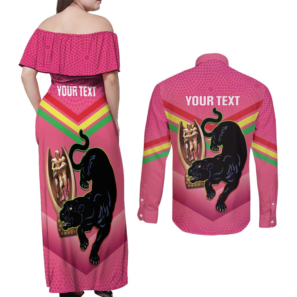 Personalised Panthers Rugby 2024 Couples Matching Off Shoulder Maxi Dress and Long Sleeve Button Shirt Mascot With Trophy Go Champions Aboriginal Art - Pink