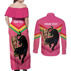Personalised Panthers Rugby 2024 Couples Matching Off Shoulder Maxi Dress and Long Sleeve Button Shirt Mascot With Trophy Go Champions Aboriginal Art - Pink