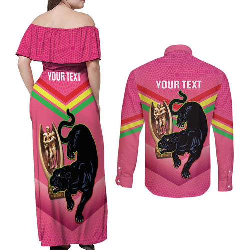 Personalised Panthers Rugby 2024 Couples Matching Off Shoulder Maxi Dress and Long Sleeve Button Shirt Mascot With Trophy Go Champions Aboriginal Art - Pink