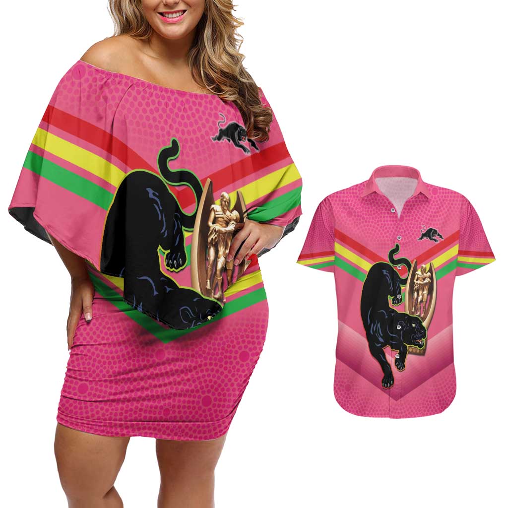 Personalised Panthers Rugby 2024 Couples Matching Off Shoulder Short Dress and Hawaiian Shirt Mascot With Trophy Go Champions Aboriginal Art - Pink