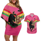 Personalised Panthers Rugby 2024 Couples Matching Off Shoulder Short Dress and Hawaiian Shirt Mascot With Trophy Go Champions Aboriginal Art - Pink