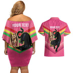 Personalised Panthers Rugby 2024 Couples Matching Off Shoulder Short Dress and Hawaiian Shirt Mascot With Trophy Go Champions Aboriginal Art - Pink