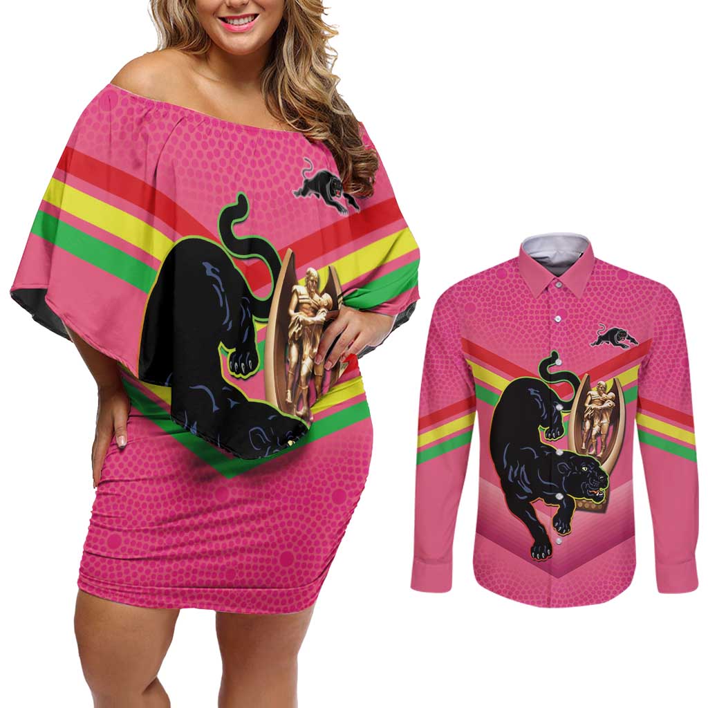 Personalised Panthers Rugby 2024 Couples Matching Off Shoulder Short Dress and Long Sleeve Button Shirt Mascot With Trophy Go Champions Aboriginal Art - Pink