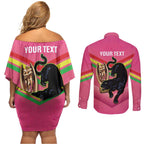 Personalised Panthers Rugby 2024 Couples Matching Off Shoulder Short Dress and Long Sleeve Button Shirt Mascot With Trophy Go Champions Aboriginal Art - Pink