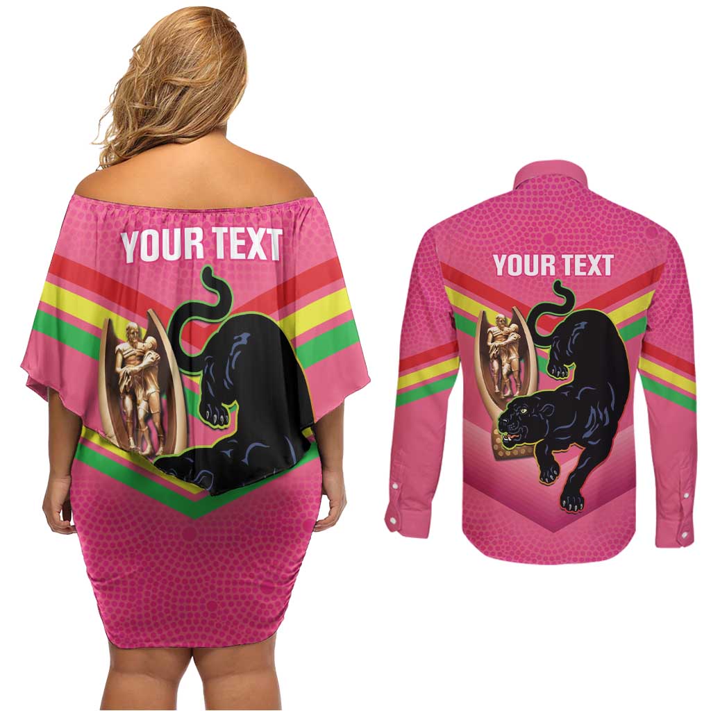 Personalised Panthers Rugby 2024 Couples Matching Off Shoulder Short Dress and Long Sleeve Button Shirt Mascot With Trophy Go Champions Aboriginal Art - Pink
