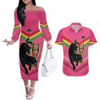 Personalised Panthers Rugby 2024 Couples Matching Off The Shoulder Long Sleeve Dress and Hawaiian Shirt Mascot With Trophy Go Champions Aboriginal Art - Pink