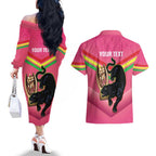 Personalised Panthers Rugby 2024 Couples Matching Off The Shoulder Long Sleeve Dress and Hawaiian Shirt Mascot With Trophy Go Champions Aboriginal Art - Pink