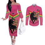 Personalised Panthers Rugby 2024 Couples Matching Off The Shoulder Long Sleeve Dress and Long Sleeve Button Shirt Mascot With Trophy Go Champions Aboriginal Art - Pink