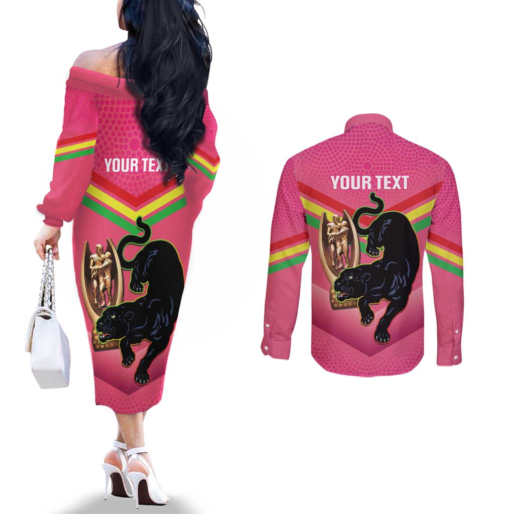 Personalised Panthers Rugby 2024 Couples Matching Off The Shoulder Long Sleeve Dress and Long Sleeve Button Shirt Mascot With Trophy Go Champions Aboriginal Art - Pink