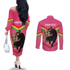 Personalised Panthers Rugby 2024 Couples Matching Off The Shoulder Long Sleeve Dress and Long Sleeve Button Shirt Mascot With Trophy Go Champions Aboriginal Art - Pink