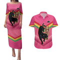 Personalised Panthers Rugby 2024 Couples Matching Puletasi and Hawaiian Shirt Mascot With Trophy Go Champions Aboriginal Art - Pink